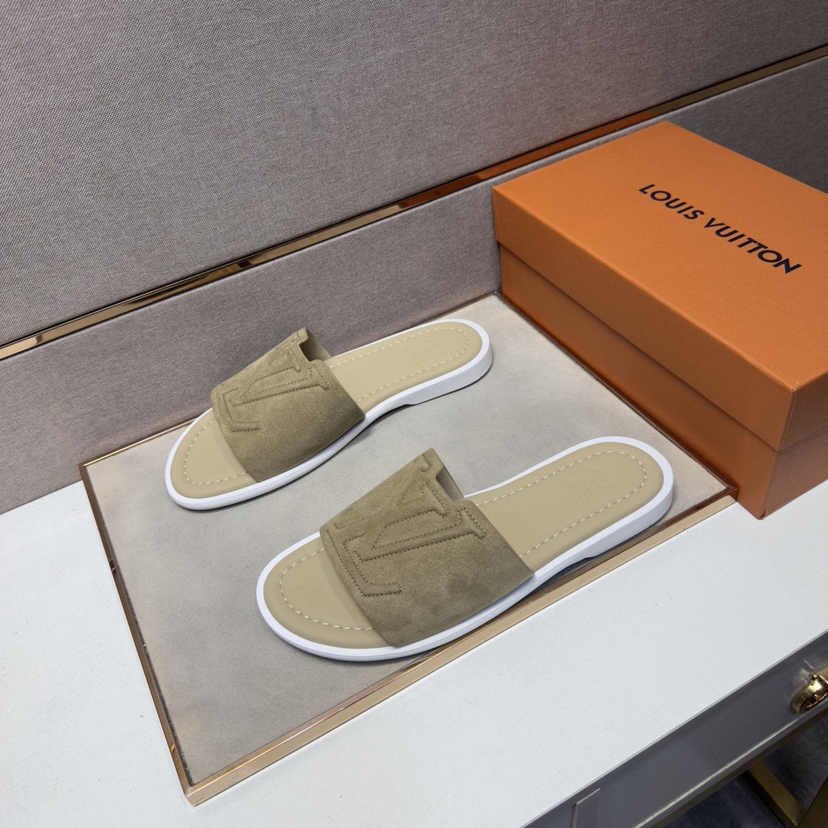 Louis Vuitton Men's Khaki Monogram Slide Sandals
